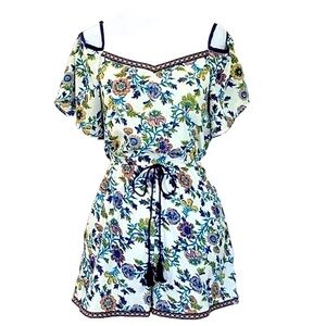 EUC Blue Rain off the shoulder cottagecore romper with pockets blue floral XS